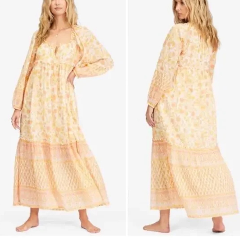New Billabong Boho Yellow and Orange Floral Cream Bow Maxi Dress - Picture 2 of 12